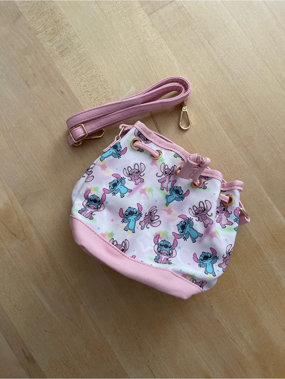 Pink Stitch & Angel Print Kids Drawstring Crossbody Bag